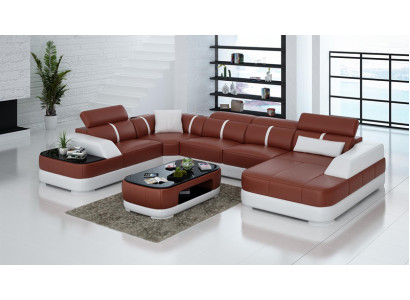 Ledersofa Polster Sëtz Eck Sofa Garnitur Wunnlandschaft Wunnzëmmer Couch G8026