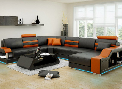 Design Sofae Ecksofa Wunnlandschaft mat Regal Polster Sëtz Garnitur Ledersofa USB