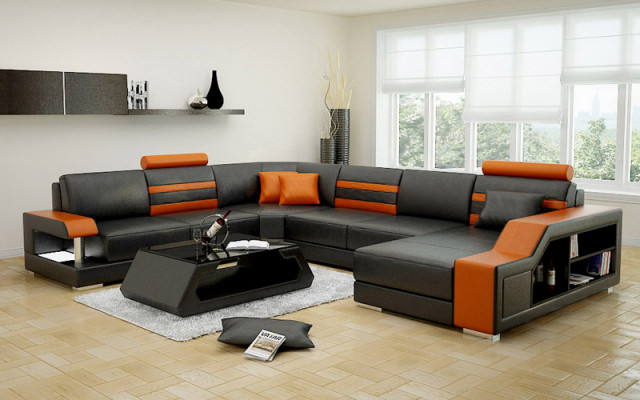 Design Sofae Ecksofa Wunnlandschaft mat Regal Polster Sëtz Garnitur Ledersofa USB