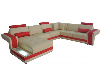 Ledersofa Canapé Wunnlandschaft Eck Garnitur Design Modern Sofa U-Form LED USB