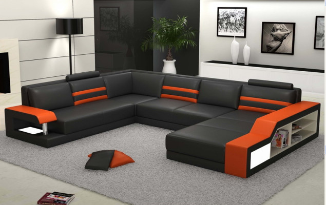 Designersofa Ecksofa Couch Ledersofa Polstersëtz Eck Garnitur mat Liicht PHX1