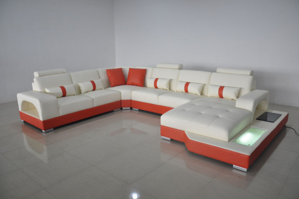 Ecksofa Lieder Sofa Couch Polster Eck Sëtz Wunnlandschaft U-Form Crème Orange Neie