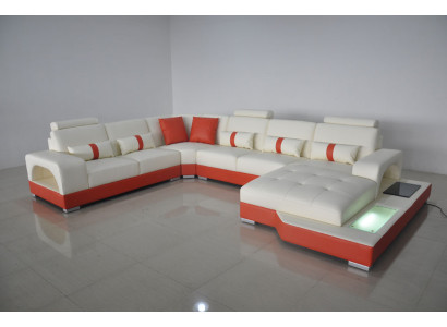 Ecksofa Lieder Sofa Couch Polster Eck Sëtz Wunnlandschaft U-Form Crème Orange Neie