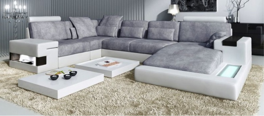 Modern Textil Sofa U-Form Miwwele mat Bett Funktiounen Stauraum Gro NEI