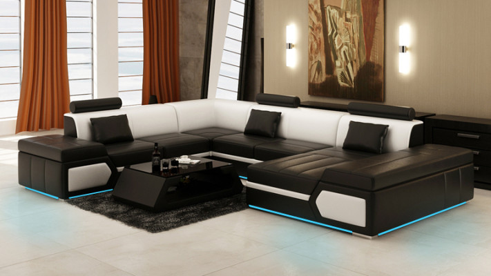 Ledercouch Sofa Canapé Wunnlandschaft Eckcouch Garnitur Design Modern Schwaarz +USB