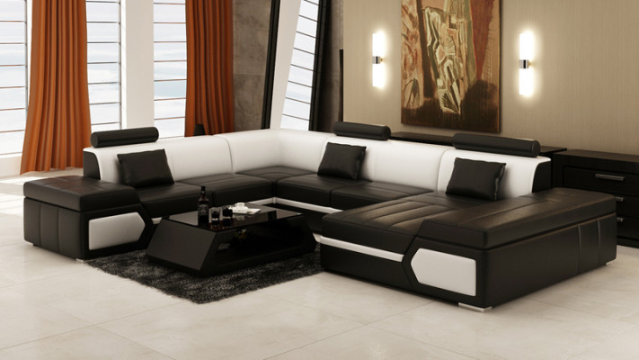 Ledercouch Sofa Canapé Wunnlandschaft Eckcouch Garnitur Design Modern Schwaarz +USB