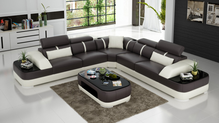 Eck Sofa + USB Lieder Polster Eck Garnitur Couchen L Form + Dësch Wunnlandschaft