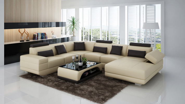 Ledersofa Couch Wunnlandschaft Ecksofa Ecksëtzmoublé Design Modern Sofa Beige USB