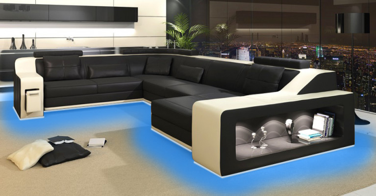 Moderne Sitzeck Ecksofa Sofa Polstersofa Ledereckgarnitur Wunnlandschaft USB