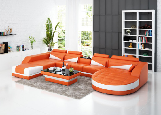 Ledercouch Couch Wunnlandschaft Eckcouch Garnitur Design Modern Couch USB Orange
