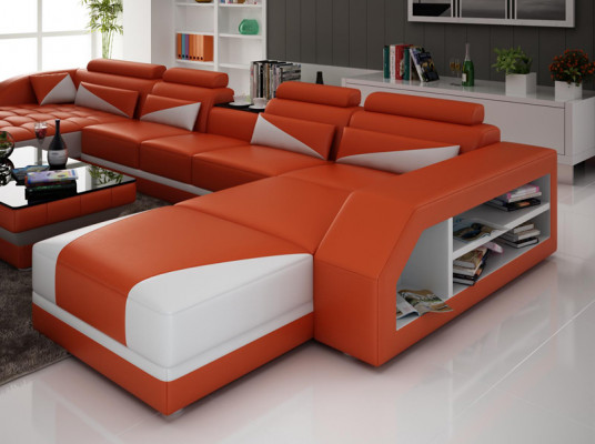 Ledercouch Couch Wunnlandschaft Eckcouch Garnitur Design Modern Couch USB Orange
