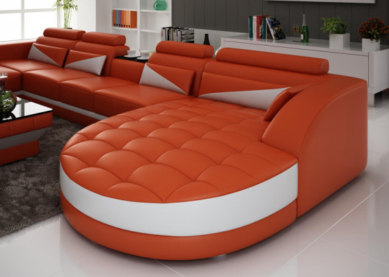 Ledercouch Couch Wunnlandschaft Eckcouch Garnitur Design Modern Couch USB Orange