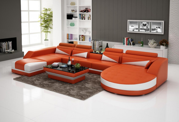 Ledercouch Couch Wunnlandschaft Eckcouch Garnitur Design Modern Couch USB Orange
