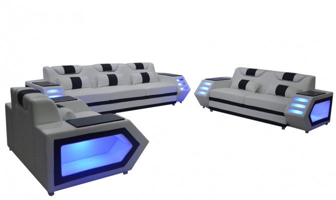 Sofa Couch Sëtz Polster Komplett Grupp Set Lieder Garnitur 3+2+1 + LED + USB Nei