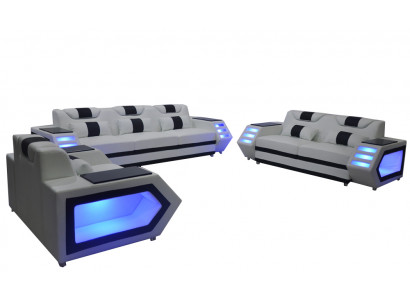 Sofa Couch Sëtz Polster Komplett Grupp Set Lieder Garnitur 3+2+1 + LED + USB Nei
