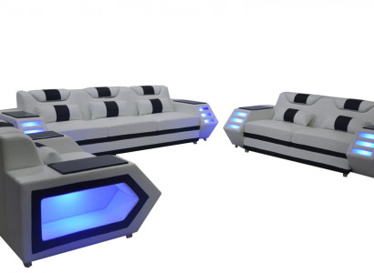Sofa Couch Sëtz Polster Komplett Grupp Set Lieder Garnitur 3+2+1 + LED + USB Nei