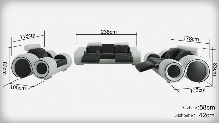 Ledercouch mat USB Wunnkultur 3+2+1 Sëtz Garnitur Design Modern Sofa A1163D