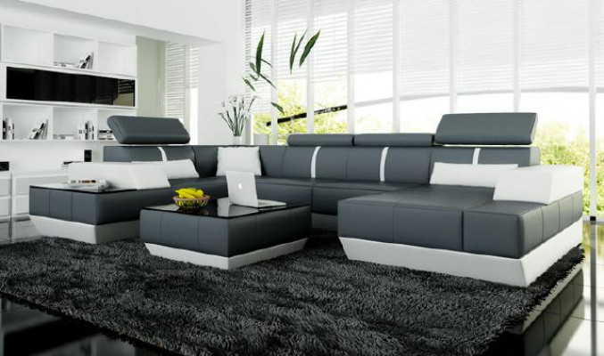 Ledercouch + USB, Wunnlandschaft Sofa Ecksofa Eckcouch Ledersofa Polder Eck NEI