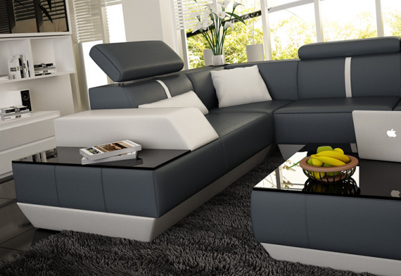 Ledercouch + USB, Wunnlandschaft Sofa Ecksofa Eckcouch Ledersofa Polder Eck NEI