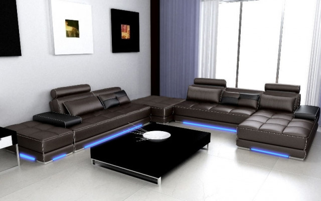 Ledersofa Couch Wunnlandschaft Ecksofa Eck Garnitur Design Modern Sofa + USB Nei