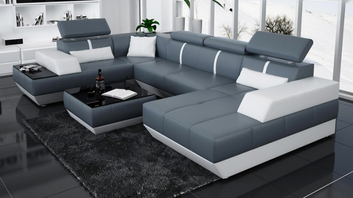 Modern Sitzgruppe Ledersofa Polster Ecksofa Sofa Couch Wunnlandschaft K5015 + USB