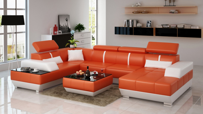 Modern Sitzgruppe Ledersofa Polster Ecksofa Sofa Couch Wunnlandschaft K5015 + USB