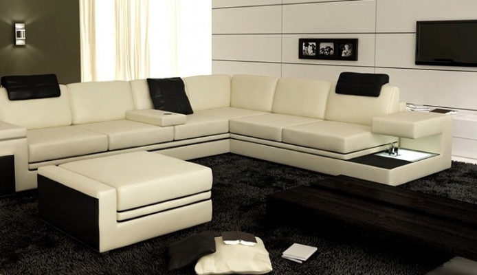 Modern Eckcanapé Design Sofa Polster Eck Lieder Textil Canapé LED Wunnlandschaft