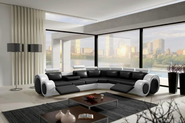 Ledersofa Eck Lieder Sofa USB Wunnlandschaft Polster Garnitur Schwaarz Wäiss Nei