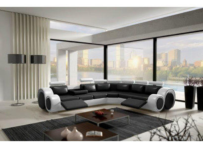 Ledersofa Eck Lieder Sofa USB Wunnlandschaft Polster Garnitur Schwaarz Wäiss Nei