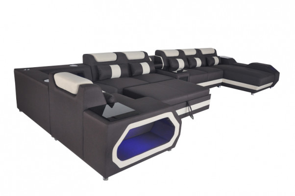 Design XXL Modern Lieder Polster Eck Canapé Sofa Eck Wunnlandschafte Bett USB LED