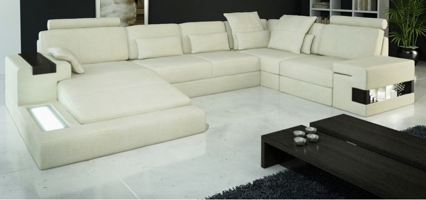 Ecksofa U-Form Canapé Design Polster Stoff Nei Wunnlandschaft Bettfunktioun Stoff