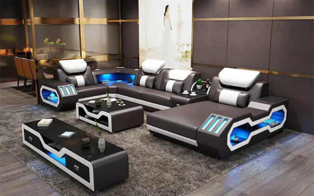 Ecksofa U-Form Couchtisch Sideboard Ledersofa Wunnlandschaft Designer Sofa Set