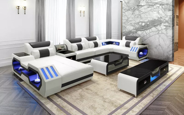 Ecksofa U-Form Couchtisch Sideboard Ledersofa Wunnlandschaft Designer Sofa Set