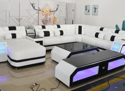 U-Form Wunnlandschaft Modern Luxus Canapé Ecksofa U-Form Canapé Kënschtläder Wäiss