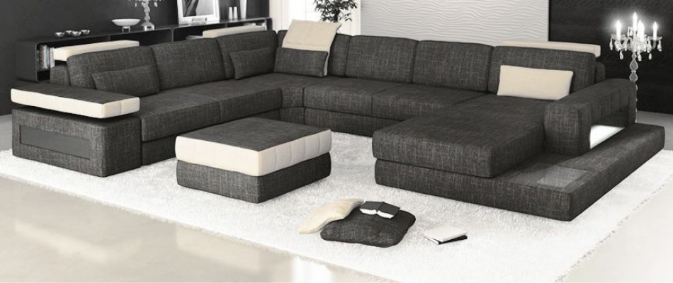 Ecksofa Canapé Design Polster Stoff Nei Wunnlandschaft U-Form Schlofffunktioun Stoff