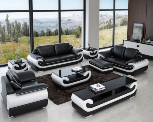 Klassesch Ledersofa Garnitur Komplett Set 8-Stéck. Wunnzëmmer Set Dësch Hocker