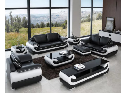 Klassesch Ledersofa Garnitur Komplett Set 8-Stéck. Wunnzëmmer Set Dësch Hocker