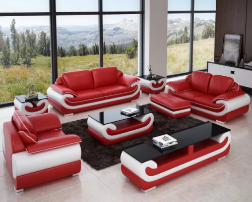 Klassesch Ledersofa Garnitur Komplett Set 8-Stéck. Wunnzëmmer Set Dësch Hocker