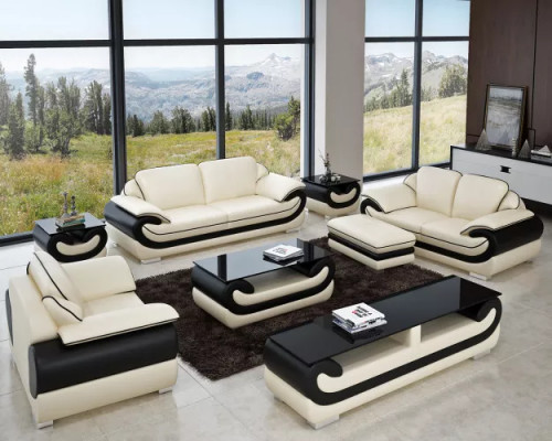 Klassesch Ledersofa Garnitur Komplett Set 8-Stéck. Wunnzëmmer Set Dësch Hocker
