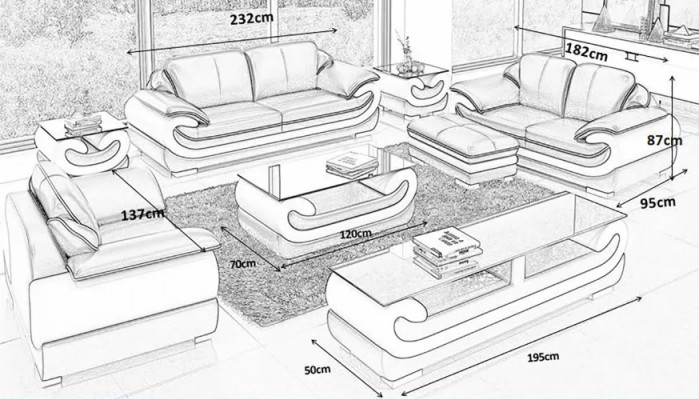 Klassesch Ledersofa Garnitur Komplett Set 8-Stéck. Wunnzëmmer Set Dësch Hocker