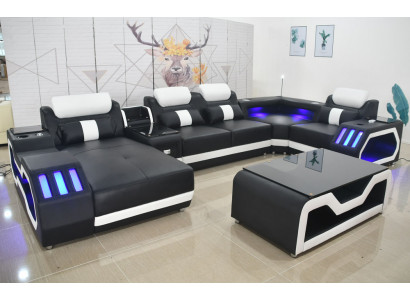 Ledersofa Sofa + Dëscht Polster Ledergestaltung Ecksofa Couch Wunnlandschaft