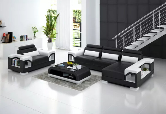 Eckcouch L-Form Fauteuil Couchdësch Moderne Couch Ledercouch Eckcouch Gepolstert 4-Stéck Set