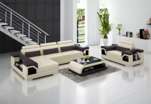 Eckcouch L-Form Fauteuil Couchdësch Moderne Couch Ledercouch Eckcouch Gepolstert 4-Stéck Set