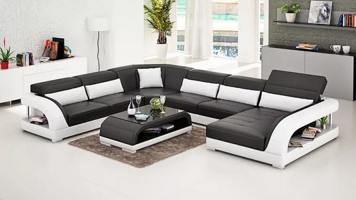 Ecksofa U-Form Modern Sofa Lieder Canapéen Polster Designer Sofaen Dësch 2-teileg