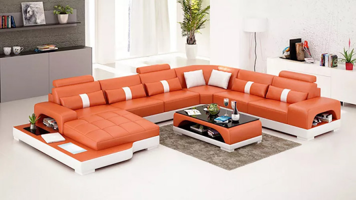 Modernen Ecksofa a Form Canapé Dësch Ledersofa Ecksofa Polster Orange Luxus
