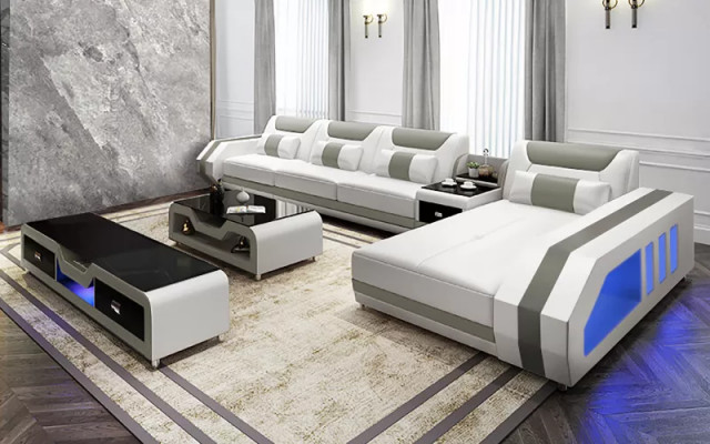 Eckcanapé LForm Dësch Clubdësch Säitebord Canapé Liederkanapé Eckcanapé Polster 3tlg Set