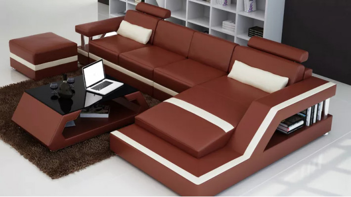 Ledercanapé Eckcanapé L Form Couchdësch Pouf Wohnlandschaft Modern Canapé 3tlg nei