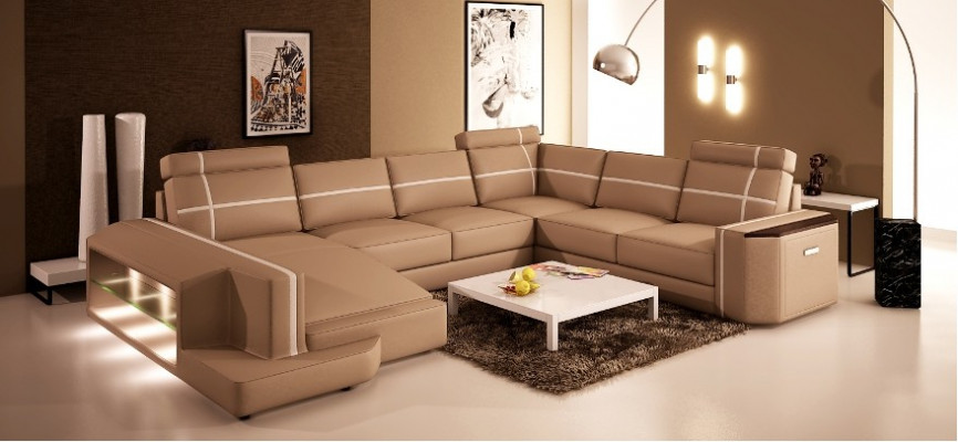 Eckcouch Ledersofa Modern Couch Canapé U Form Wunnlandschaft +Beliichtung PHM108
