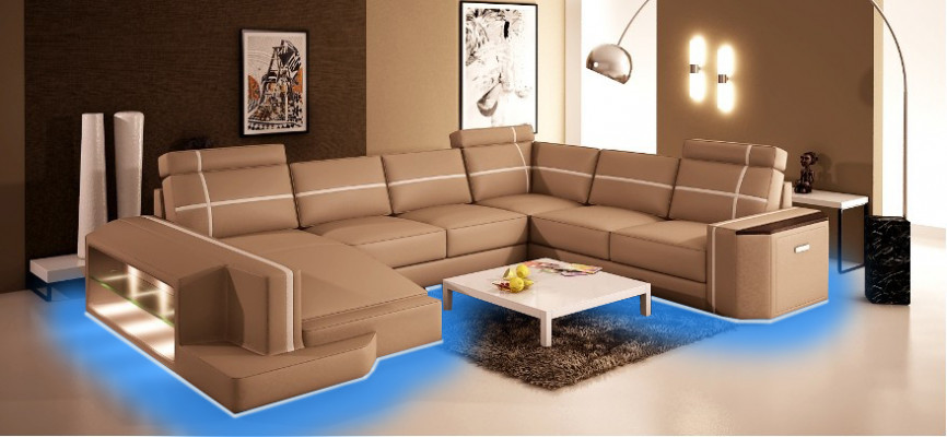 Eckcouch Ledersofa Modern Couch Canapé U Form Wunnlandschaft +Beliichtung PHM108