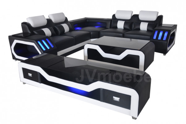 Ledersofa Wunnlandschaft Eck Garnitur Design Modern Sofa mat USB + Couchtisch